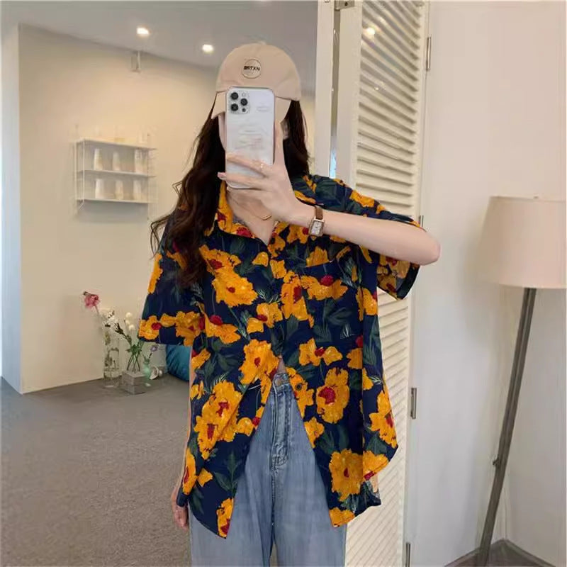 Retro Printed Shirt Top Summer Women's