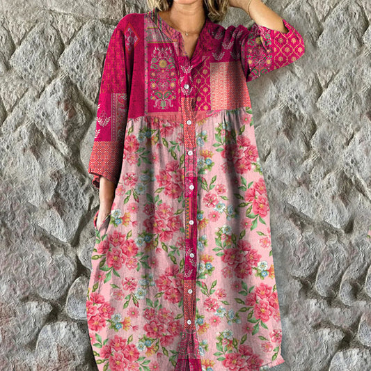 Fashion Sweet Loose Floral Button Dress Women