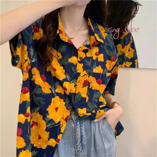 Retro Printed Shirt Top Summer Women's