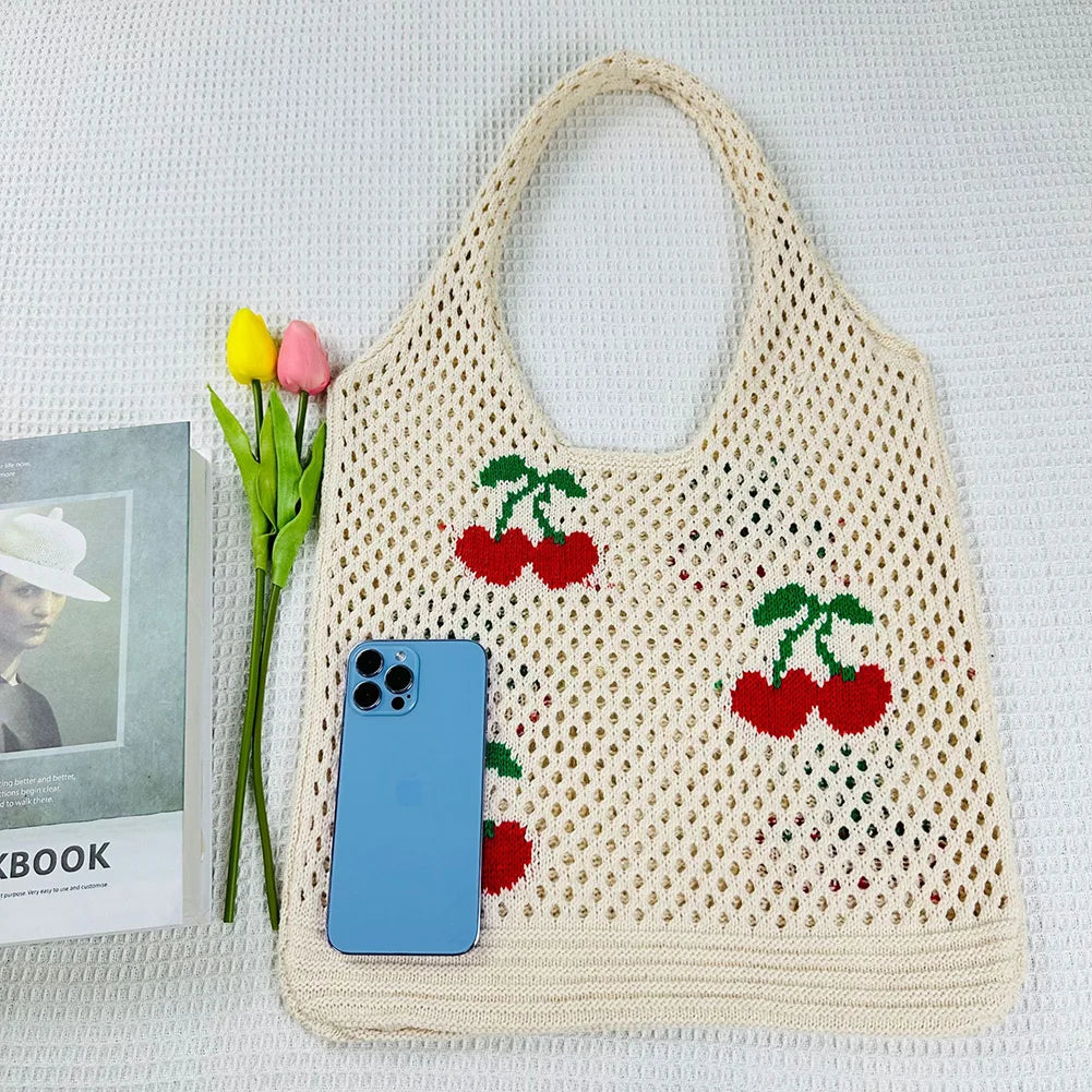 Cute Strawberry Cherry Crochet Shoulder Bag for Women Large Shopper Bag Casual Tote Handbags Summer Beach 2024 New Women's Bag