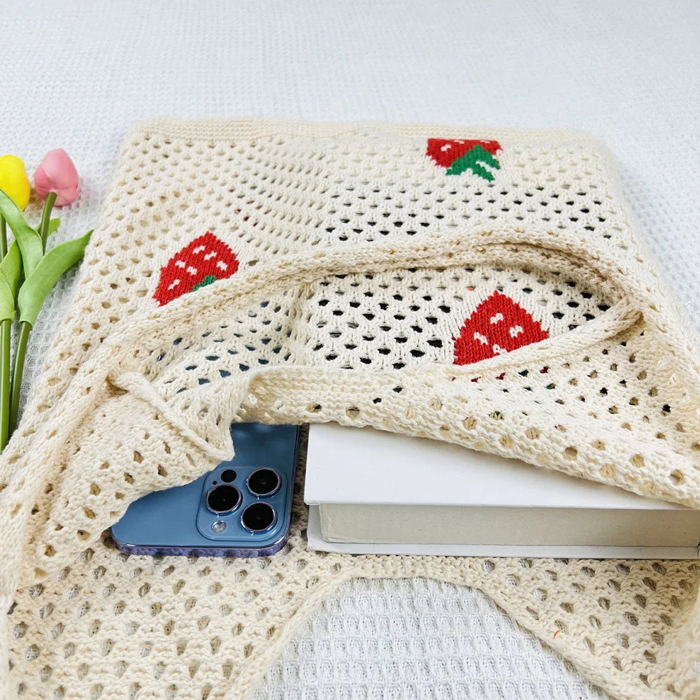 Cute Strawberry Cherry Crochet Shoulder Bag for Women Large Shopper Bag Casual Tote Handbags Summer Beach 2024 New Women's Bag