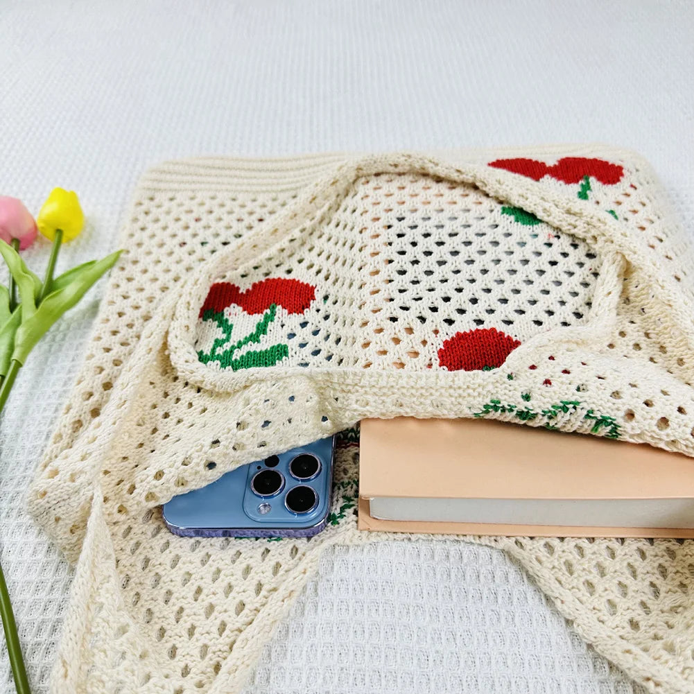 Cute Strawberry Cherry Crochet Shoulder Bag for Women Large Shopper Bag Casual Tote Handbags Summer Beach 2024 New Women's Bag