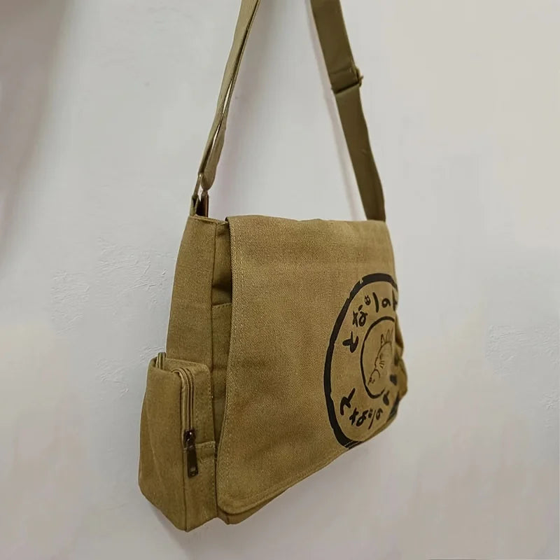 Vintage Cartoon Women Canvas Messenger Bag Large Capacity Tote Bag Women Shoulder Handbag