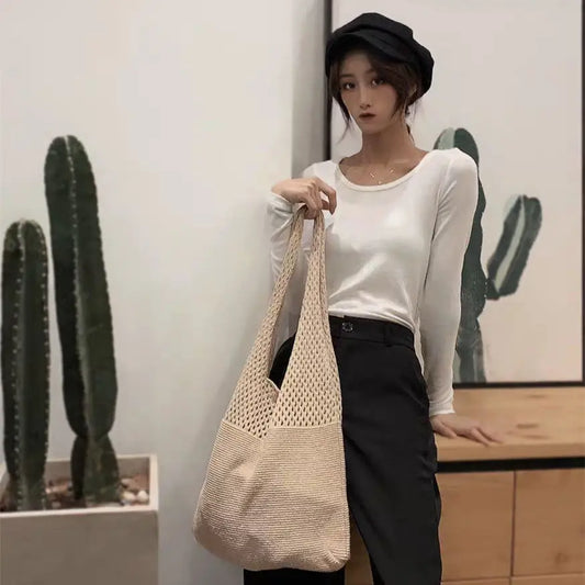 Vintage Hollow Woven Women Shoulder Bag Knitting Handbags Large Capacity Tote Bags For Ladies Summer Beach Travel Shopper Purse