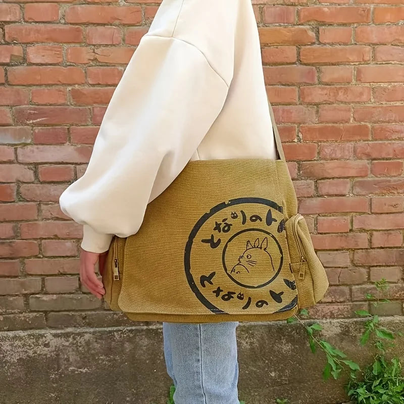 Vintage Cartoon Women Canvas Messenger Bag Large Capacity Tote Bag Women Shoulder Handbag