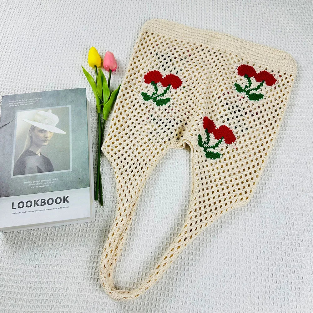 Cute Strawberry Cherry Crochet Shoulder Bag for Women Large Shopper Bag Casual Tote Handbags Summer Beach 2024 New Women's Bag