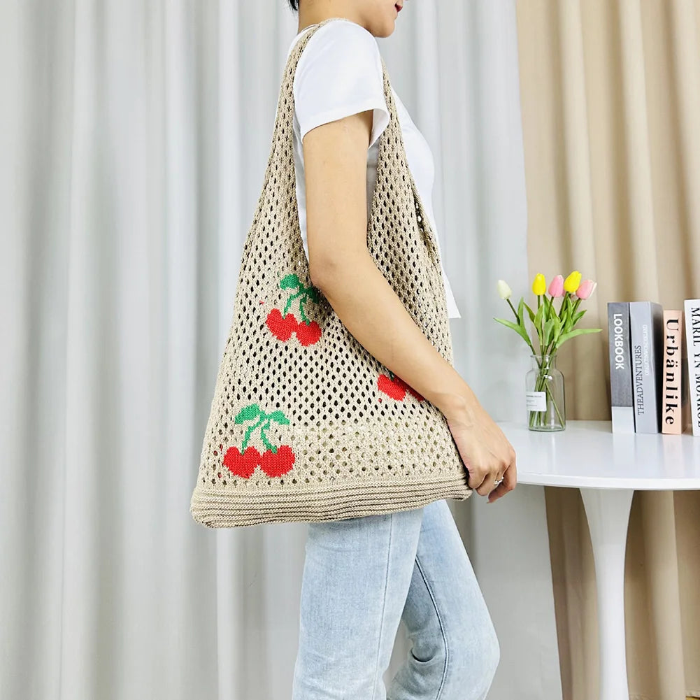 Cute Strawberry Cherry Crochet Shoulder Bag for Women Large Shopper Bag Casual Tote Handbags Summer Beach 2024 New Women's Bag