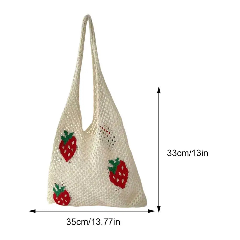 Cute Strawberry Cherry Crochet Shoulder Bag for Women Large Shopper Bag Casual Tote Handbags Summer Beach 2024 New Women's Bag