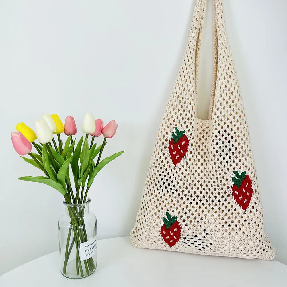 Cute Strawberry Cherry Crochet Shoulder Bag for Women Large Shopper Bag Casual Tote Handbags Summer Beach 2024 New Women's Bag