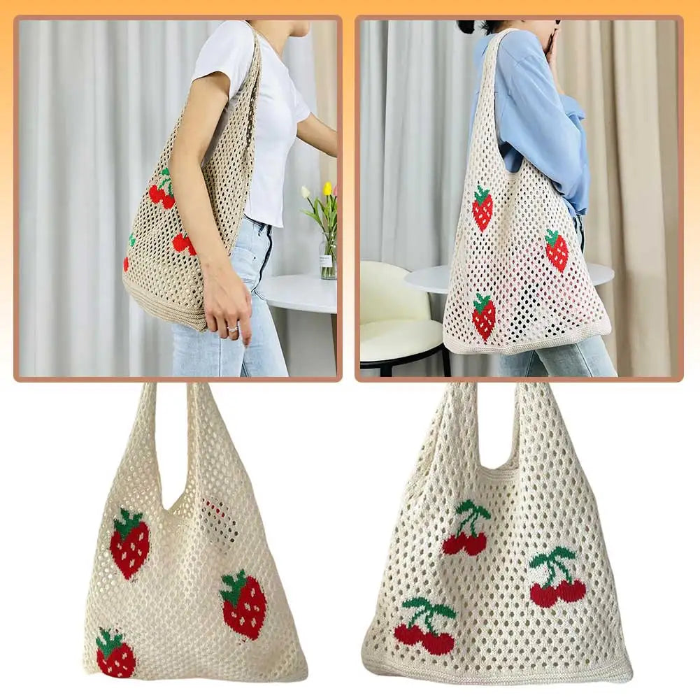 Cute Strawberry Cherry Crochet Shoulder Bag for Women Large Shopper Bag Casual Tote Handbags Summer Beach 2024 New Women's Bag
